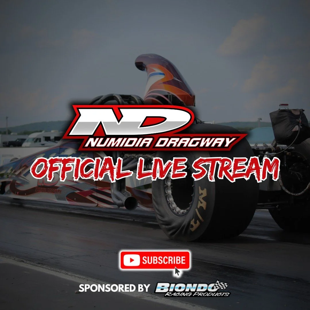 A drag racing car with sponsorship text overlay promoting live stream and YouTube subscription, sponsored by Biondo Race Products.