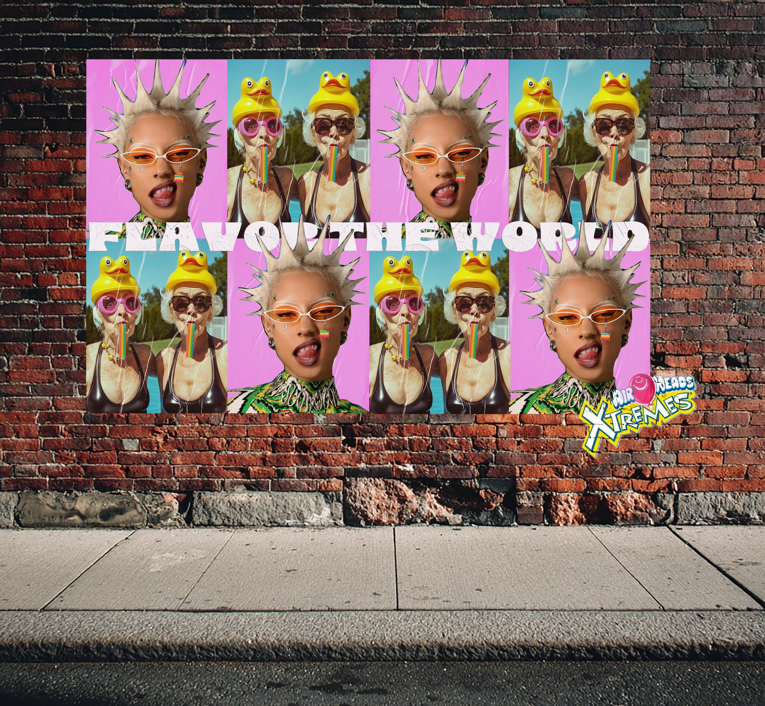 Colorful poster on a brick wall depicting a woman with spiked platinum hair, rainbow sunglasses, and rainbow lipstick. The poster repeats an image of an elderly woman and a woman with duck-shaped hats with dystopian background. The text on the poster reads "ELASTIC THE WORLD" and features a logo for "KRAZY KIDS XTREME".