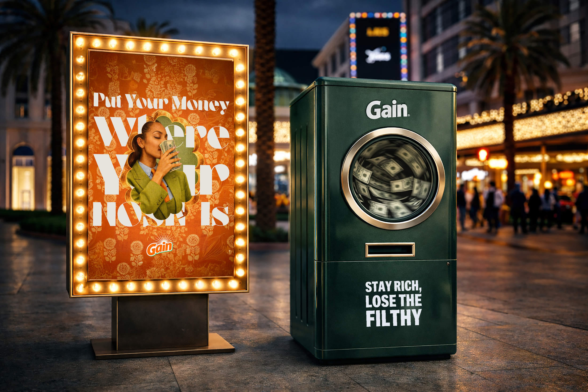 A lit advertisement with a woman drinking from a stack of dollar bills, and a green Gain laundry machine with the tagline 'Stay rich, lose the filthy', set in an outdoor shopping area at night.