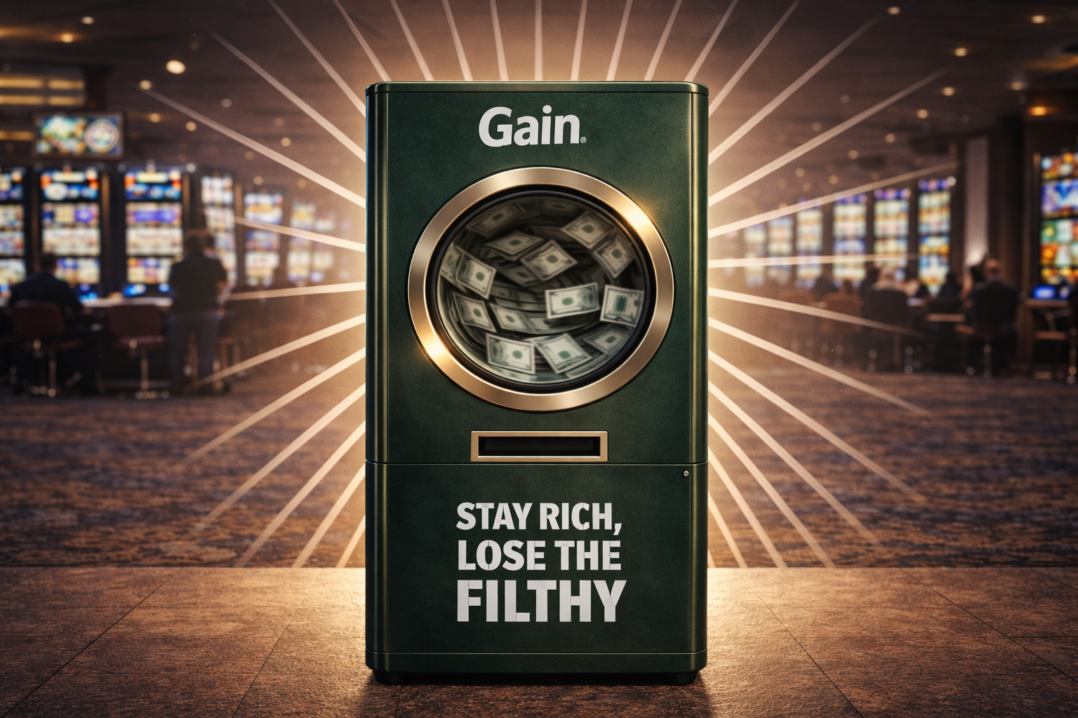 A green money washing machine with dollars inside, set in a casino with slot machines in the background. The machine has the word 'Gain' at the top and the phrase 'Stay rich, lose the filthy' at the bottom.