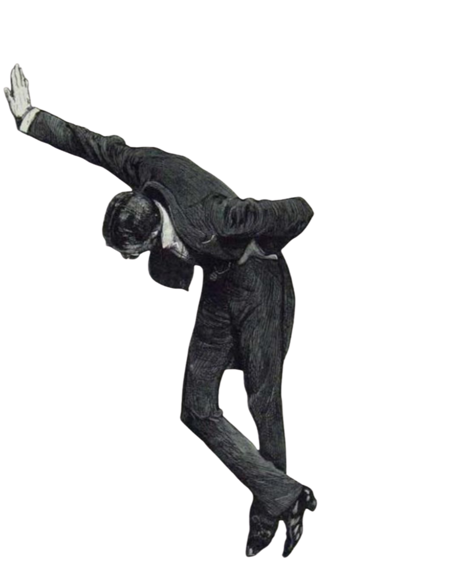 A black and white illustration of a man in a suit and tie, leaning forward with one arm extended outward in a dynamic pose.