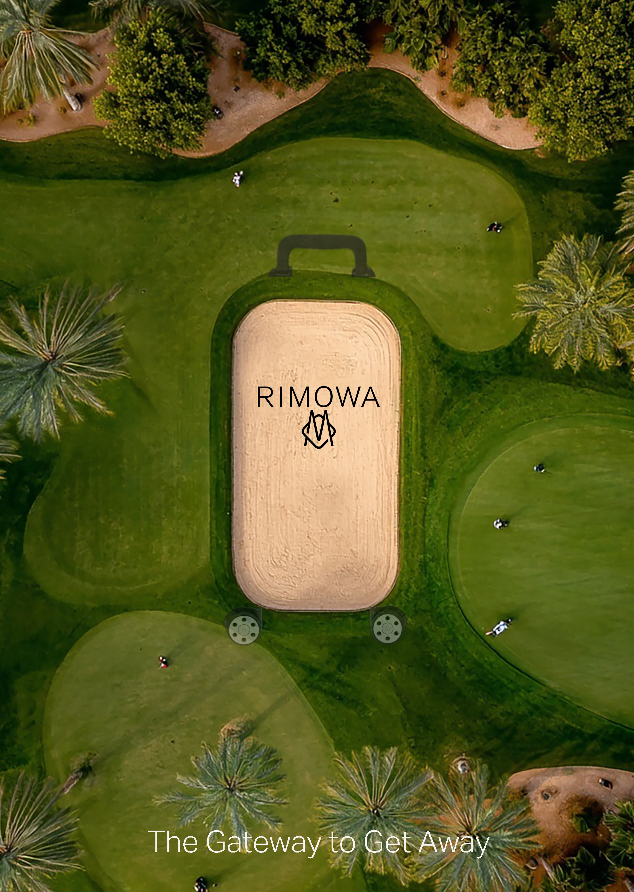 An aerial view of a golf course with a sand bunker and green surrounded by trees. The words "RIMOWA" and a logo are displayed on the bunker. The caption says "The Gateway to Get Away."