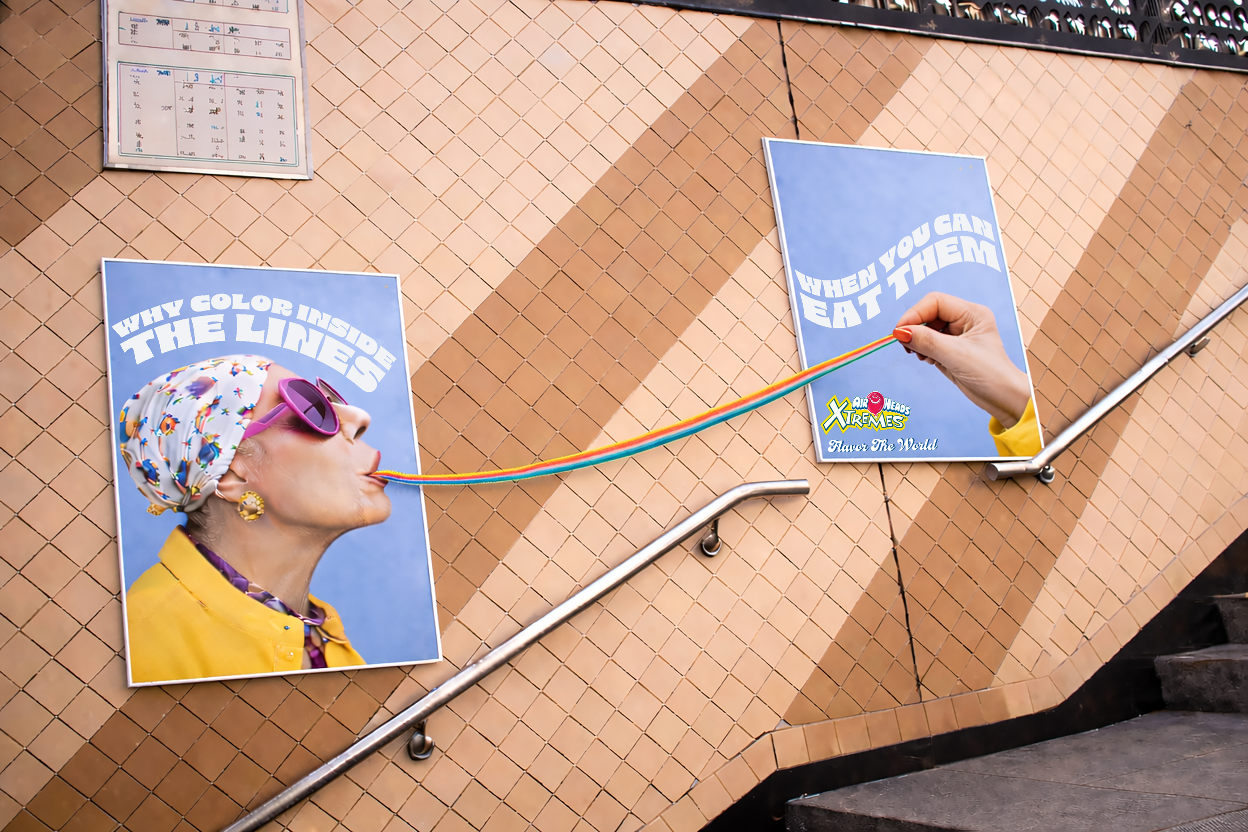 A woman wearing colorful accessories and a headscarf is blowing a rainbow-colored bubble gum bubble that connects to a hand holding a rainbow string. There are two promotional posters on the tiled wall, one showing a woman with sunglasses and the other with the text, 'When you can eat them'.