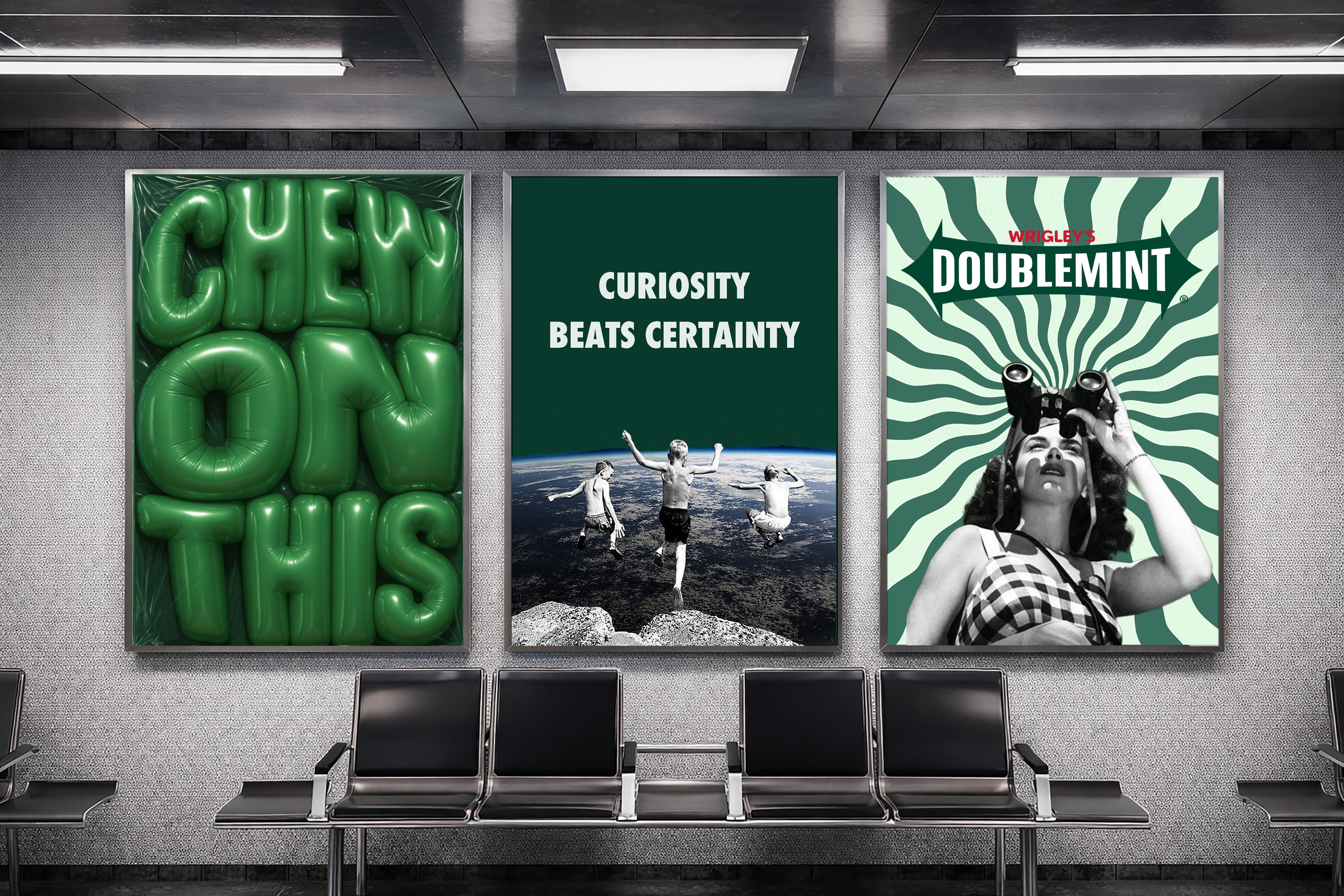 Three posters in an airport waiting area. The left poster says "CHEWY ON THIS" in green 3D balloon letters. The middle poster says "CURIOSITY BEATS CERTAINTY" with an image of children jumping on a mountain with Earth in the background. The right poster features a woman in vintage clothing looking through binoculars with a green and white wavy background and the words "WRIGLEY'S DOUBLEMINT" at the top.