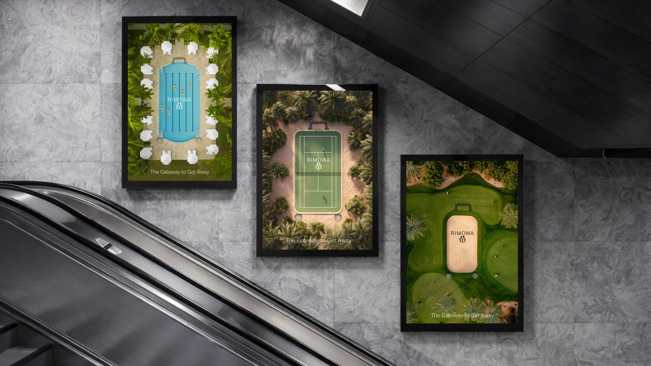 Three framed posters on a gray marble wall, each displaying aerial views of different sports courts or fields with the text 'RIMOWA' and 'The Gateway to Get Away'.