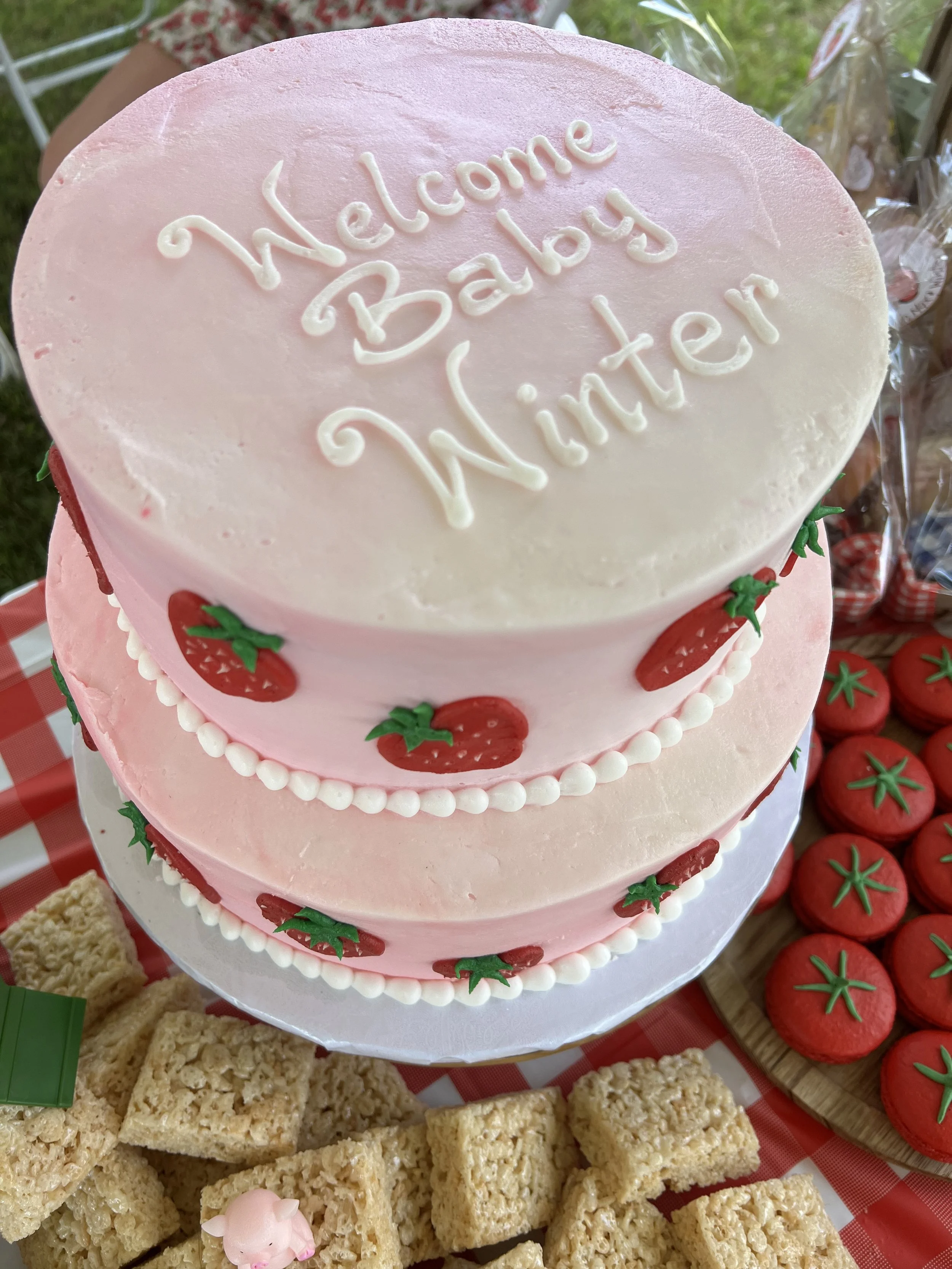 A two-tiered pink cake with strawberry decorations and white piping, with the top tier inscribed with 'Welcome Baby Winston.'