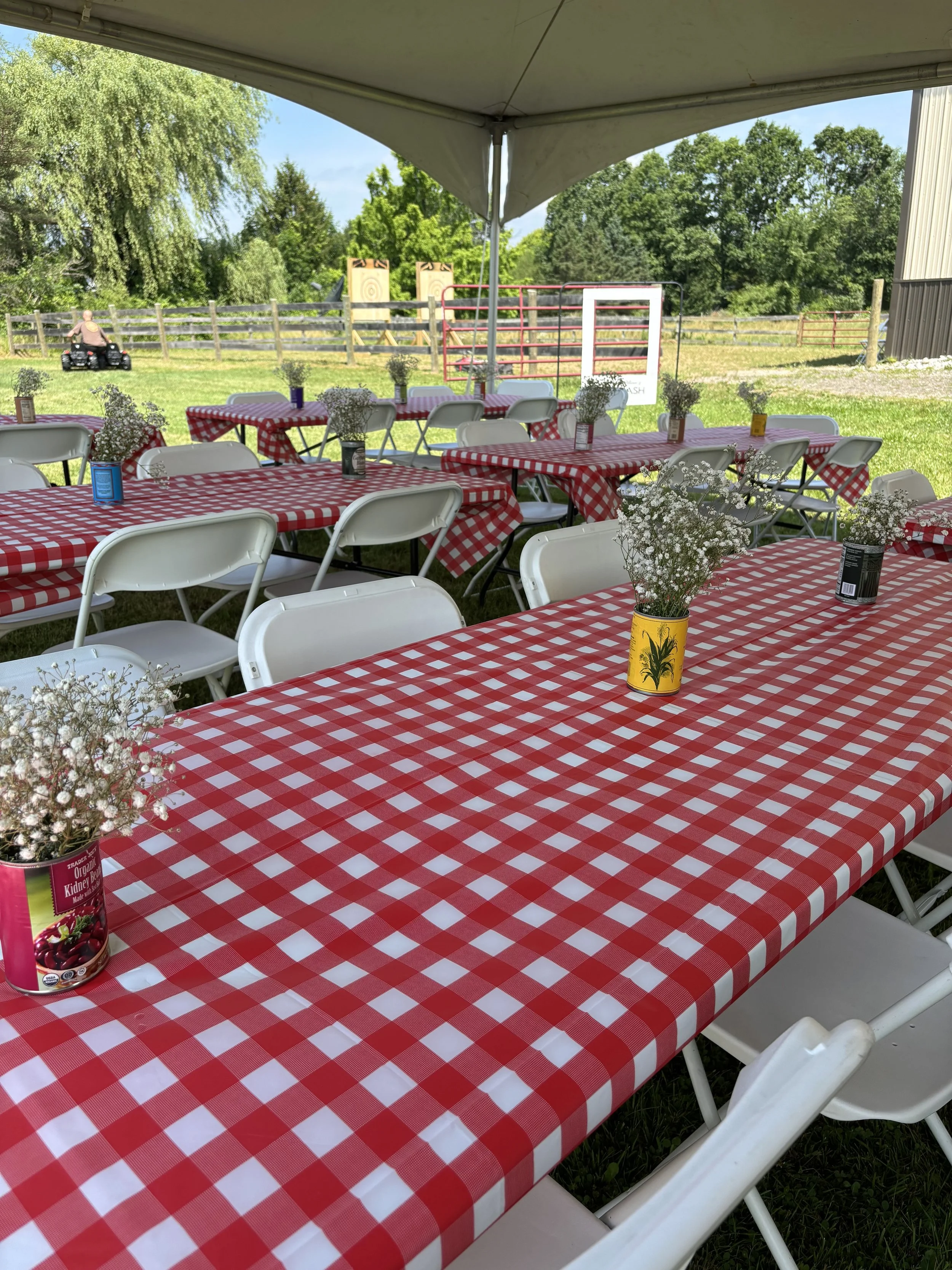 Outdoor event setup with long tables covered in red and white checkered tablecloths, decorated with small flower bouquets, under a tent with a rural background including a field and trees.