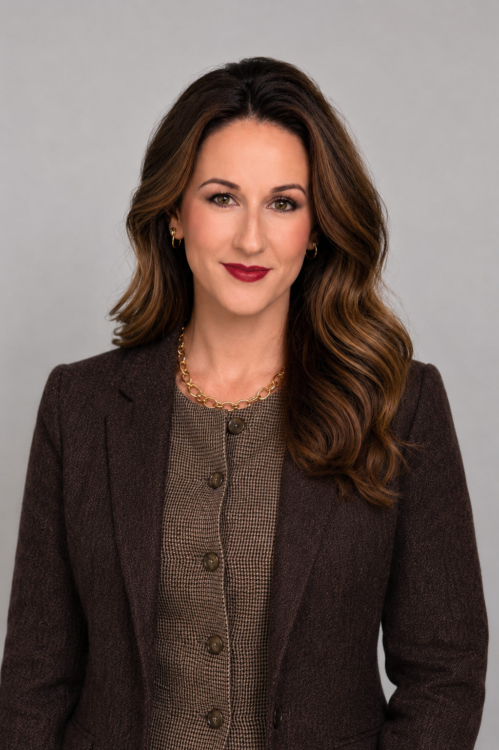 A woman with long wavy brown hair, wearing a dark brown blazer over a houndstooth blouse, accessorized with gold jewelry, and posing against a plain gray background.