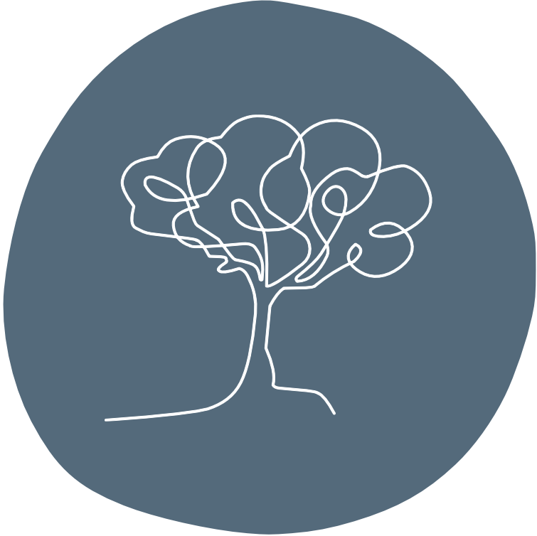 Line art illustration of a stylized tree with curly branches inside a dark gray circle.