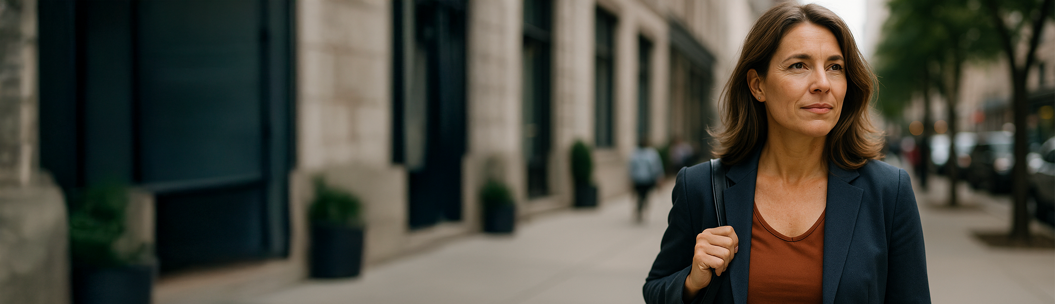 Woman with navy blazer and handbag walking through city street
