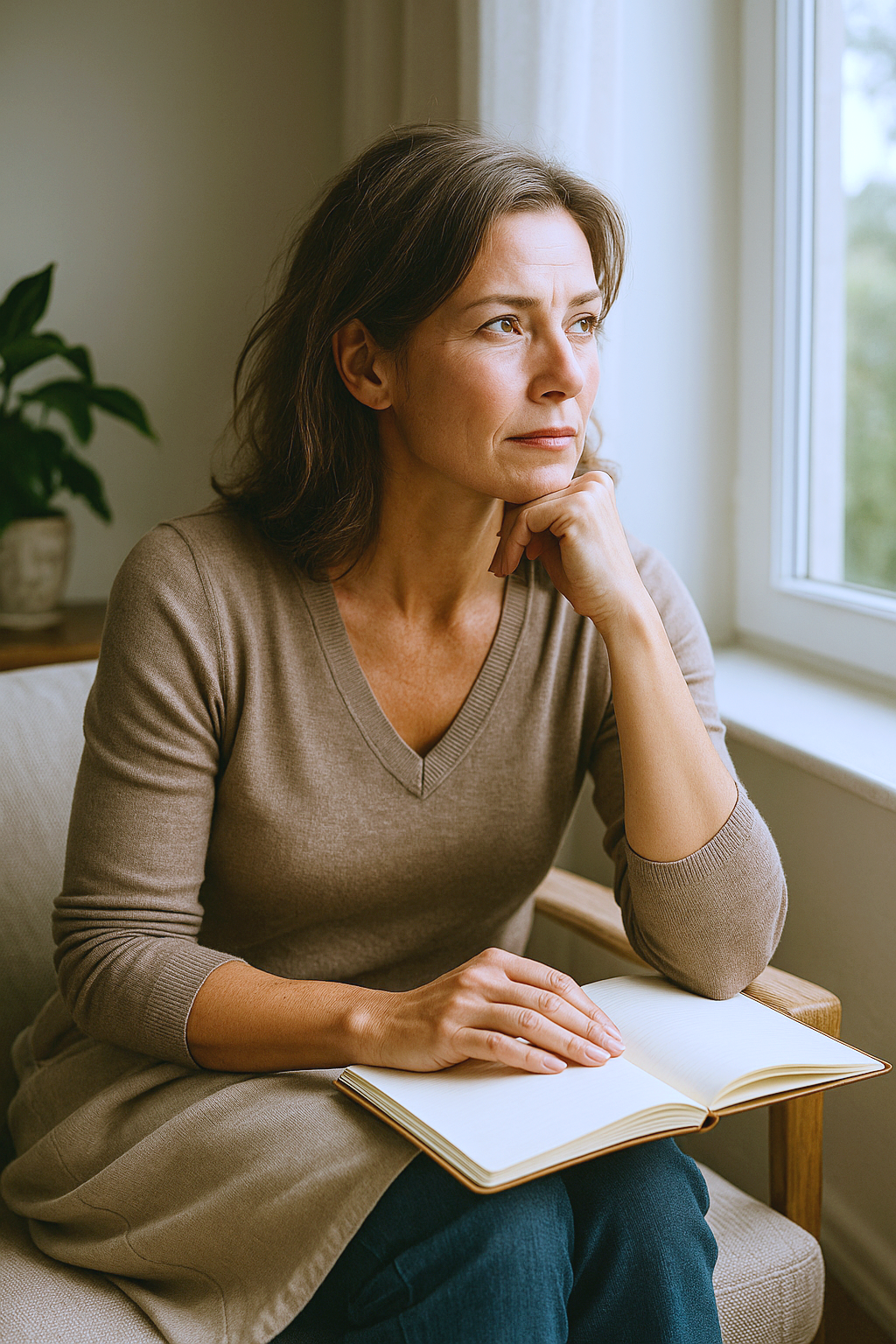 Woman sitting at desk with blank book looking out window
