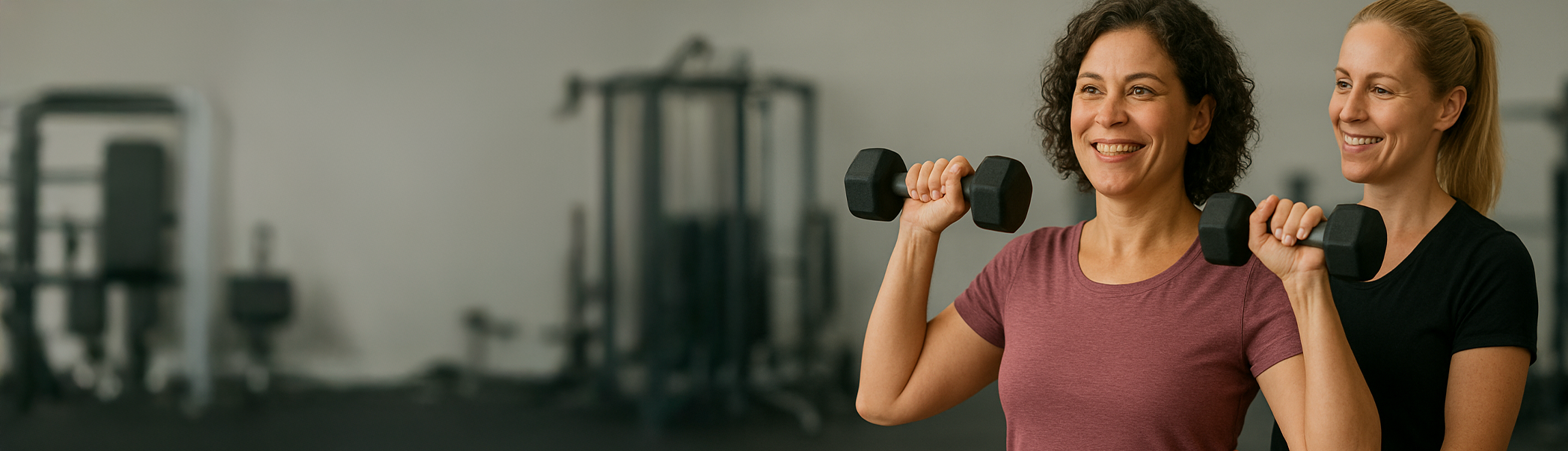 Two women at gym, one holding weights and the other coaching