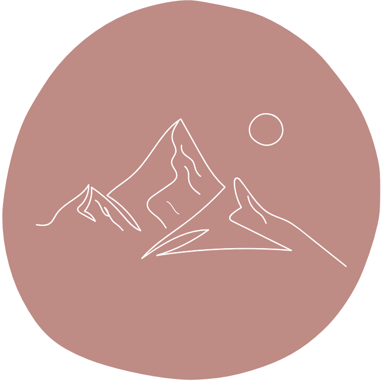Line drawing of mountain peaks with a small circle representing the sun in the sky, set against a circular brown background.