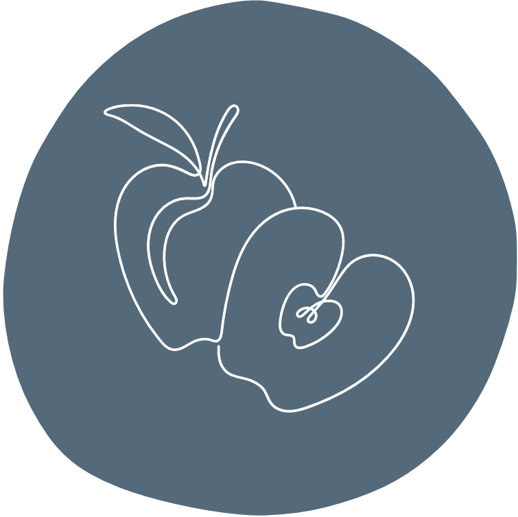 Minimalist line drawing of a peach with a leaf on a dark gray background.