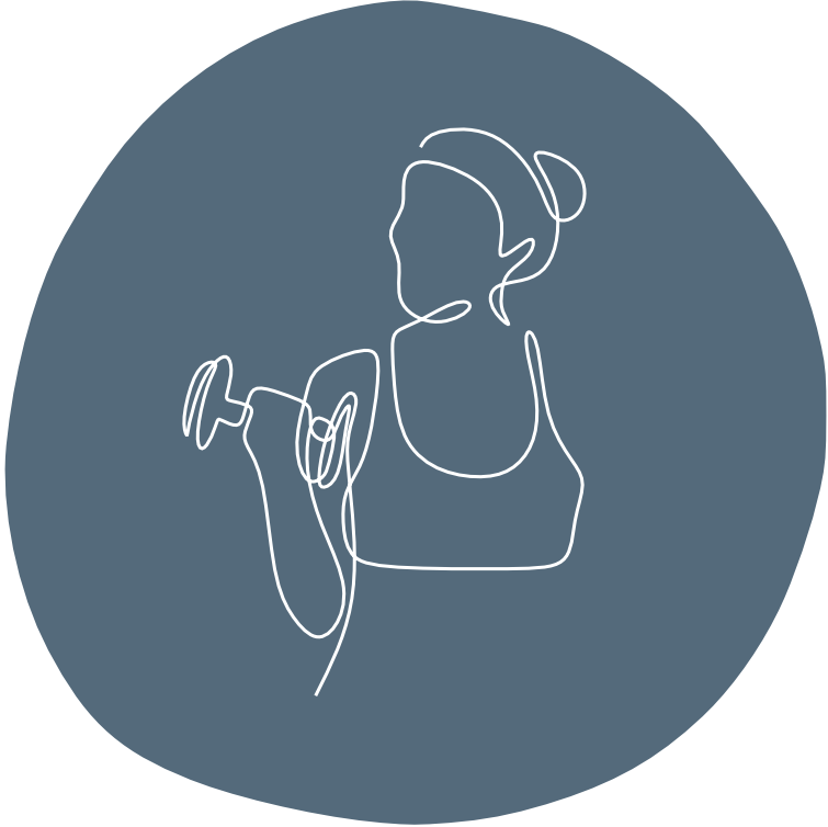 Outline of a woman lifting a dumbbell in a fitness pose, set against a dark blue circular background.