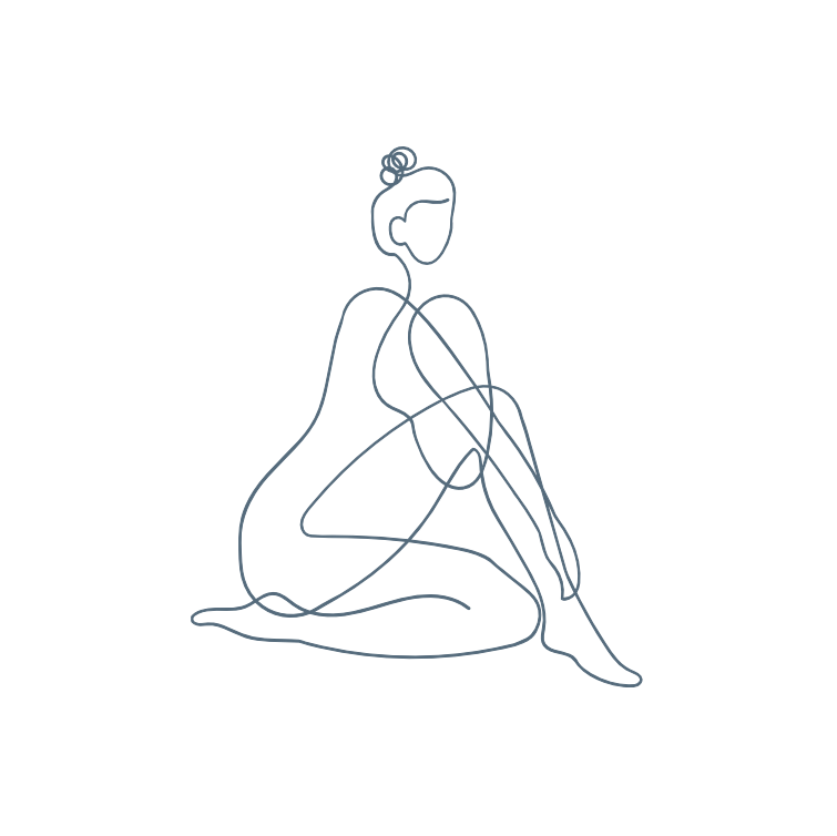 Line drawing of a woman sitting with her legs bent, one arm resting on her knee, hair in a bun, in a minimalist style.