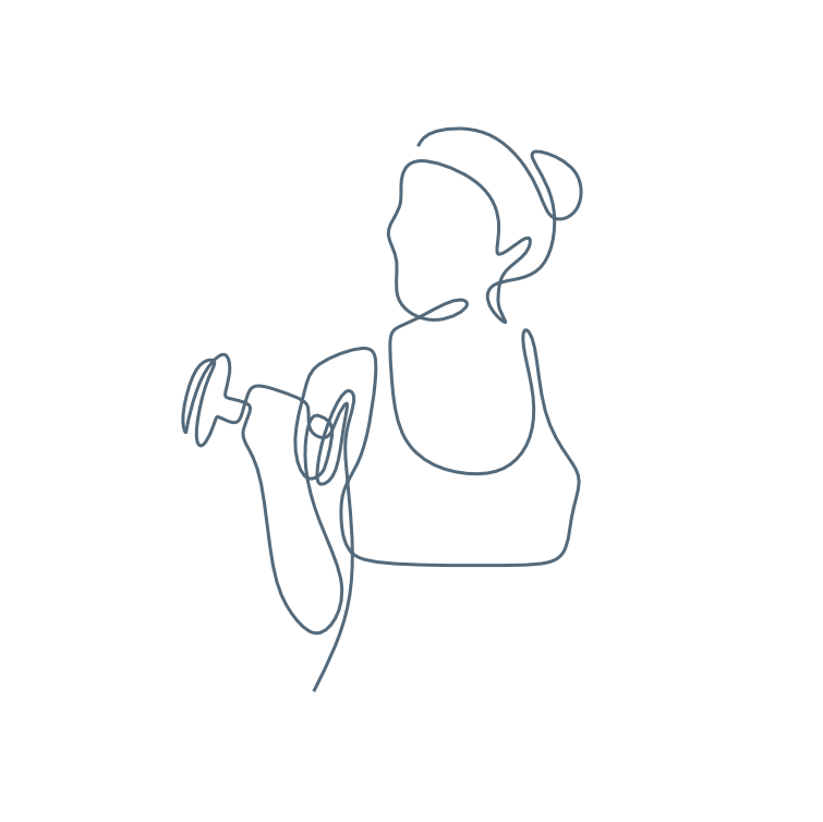 A digital line drawing of a woman lifting a dumbbell, with her hair tied back and wearing a sleeveless top.