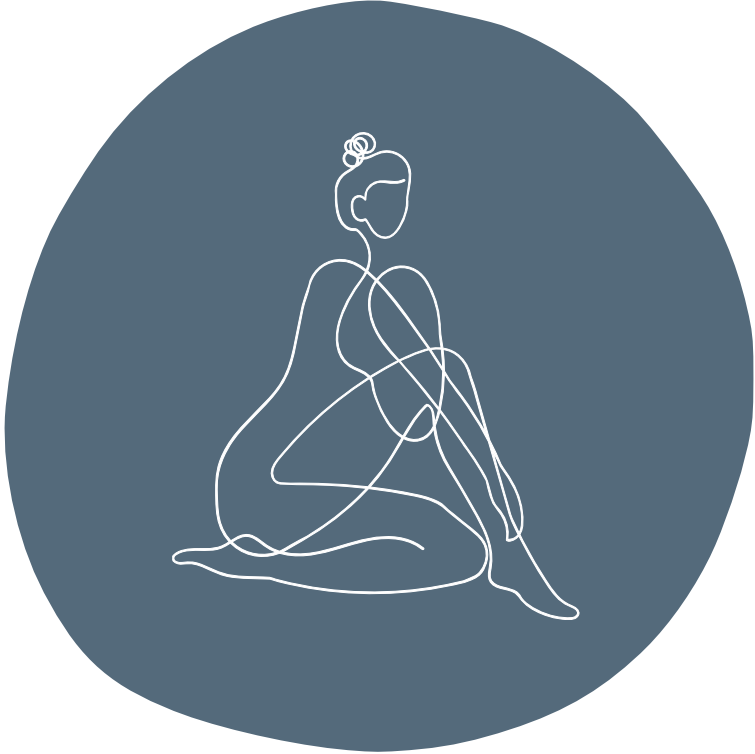 Blue circle with drawing of woman sitting on floor