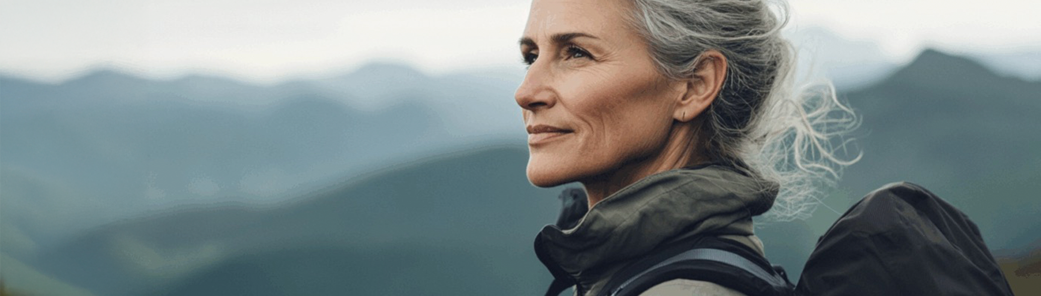 Woman with hiking clothes and backpack looking into distance at mountains