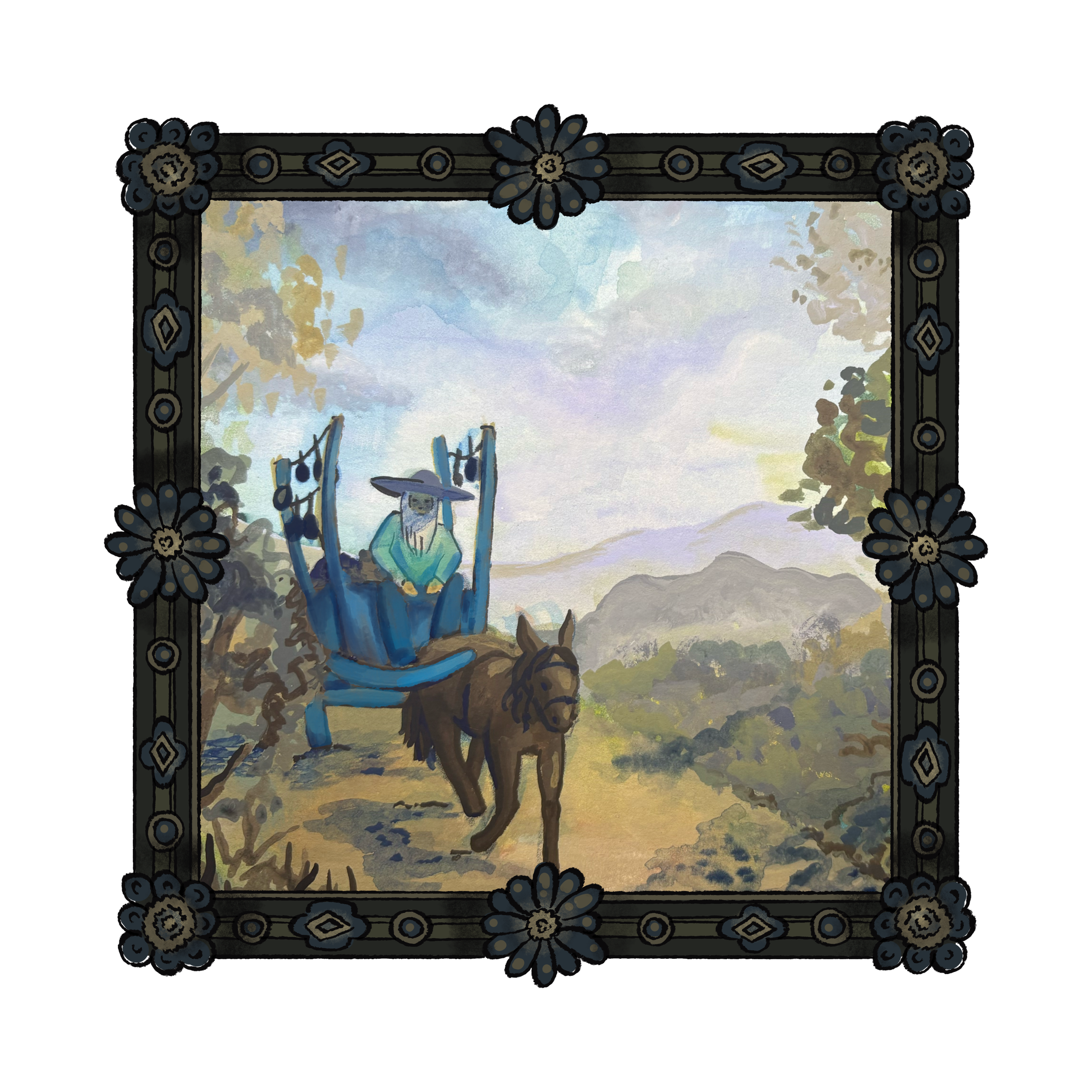 old man blue with a long beard driving horse cart through countryside