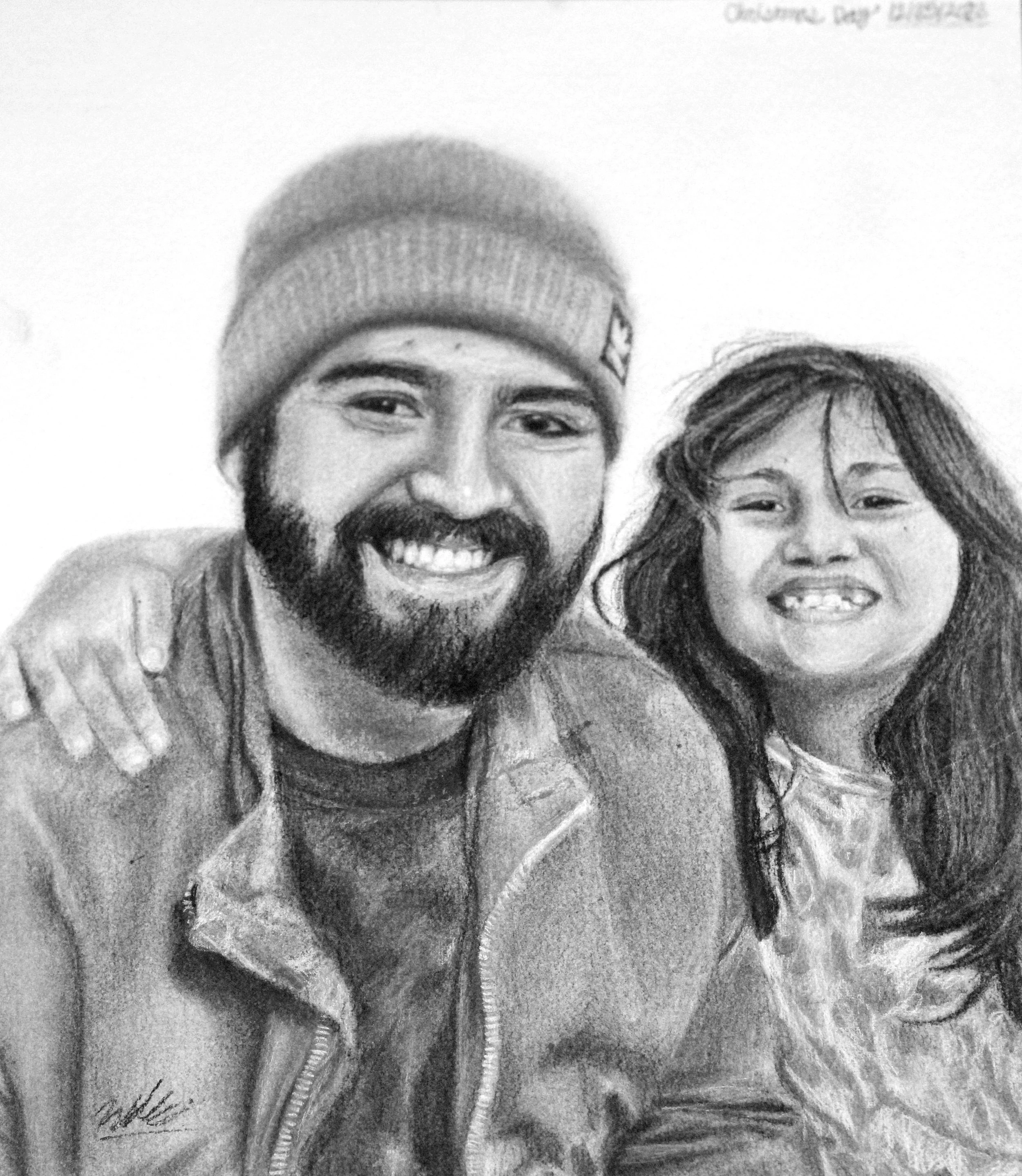 A pencil drawing of a man with a beard and a beanie hat smiling next to a young girl with long hair also smiling.
