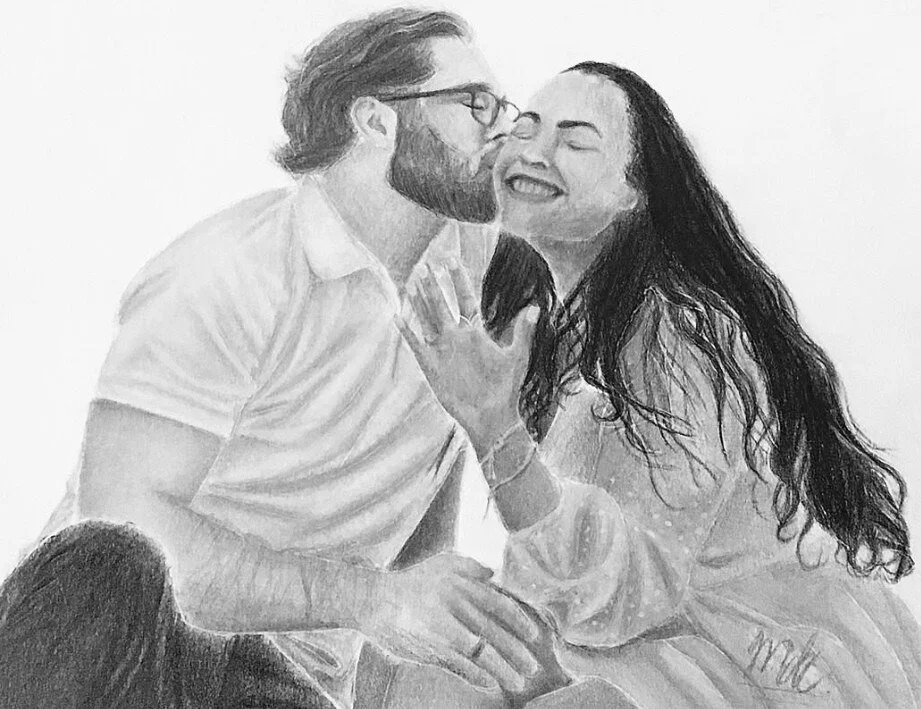 A black and white drawing of a man kissing a woman on the cheek, both smiling and appearing happy.