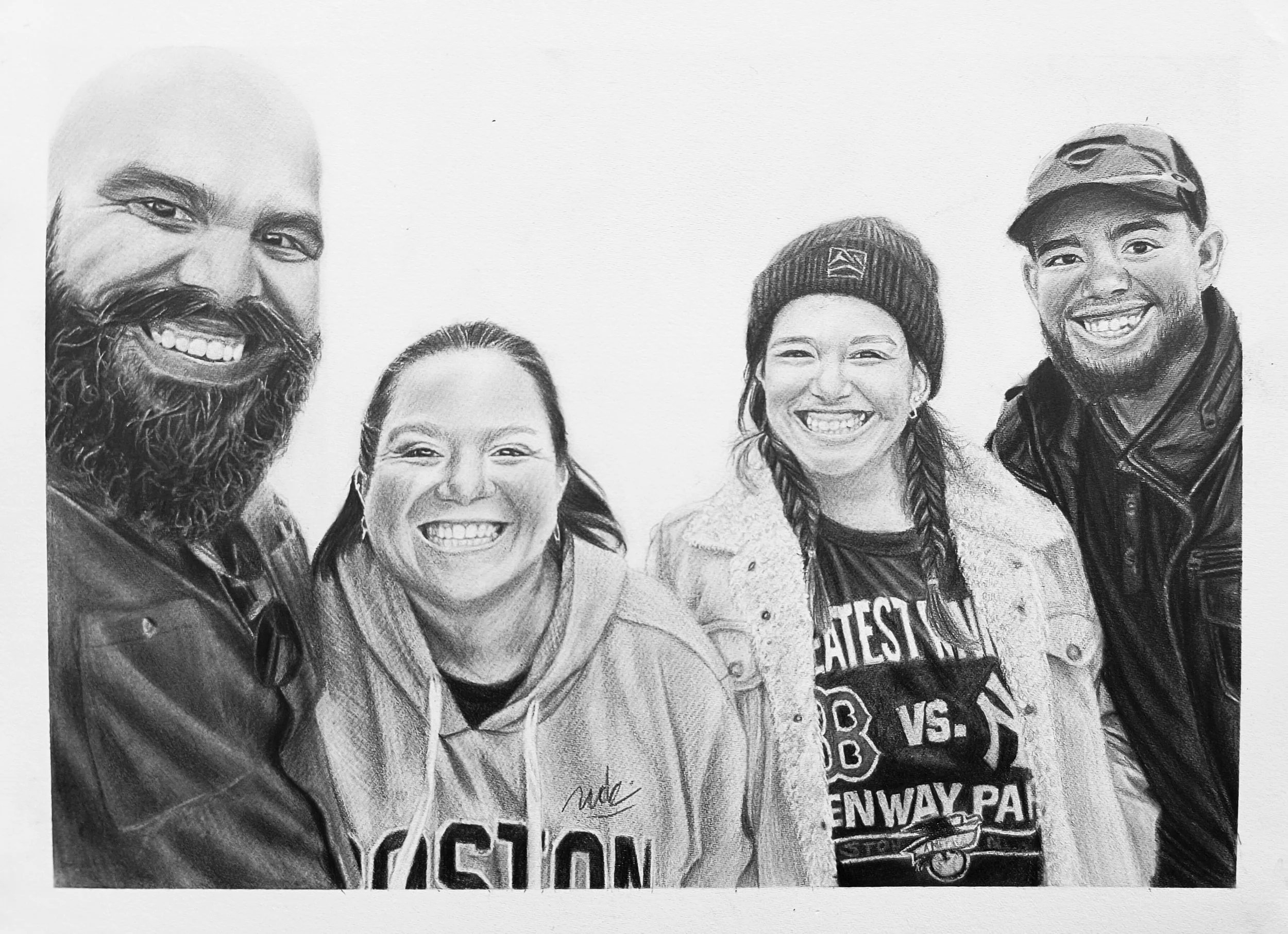 Black and white pencil drawing of five smiling friends posing closely together facing the camera.