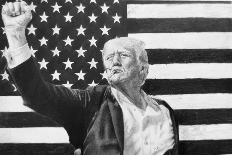 A pencil sketch of former U.S. President Donald Trump giving a thumbs-up with his right hand, with an American flag in the background.