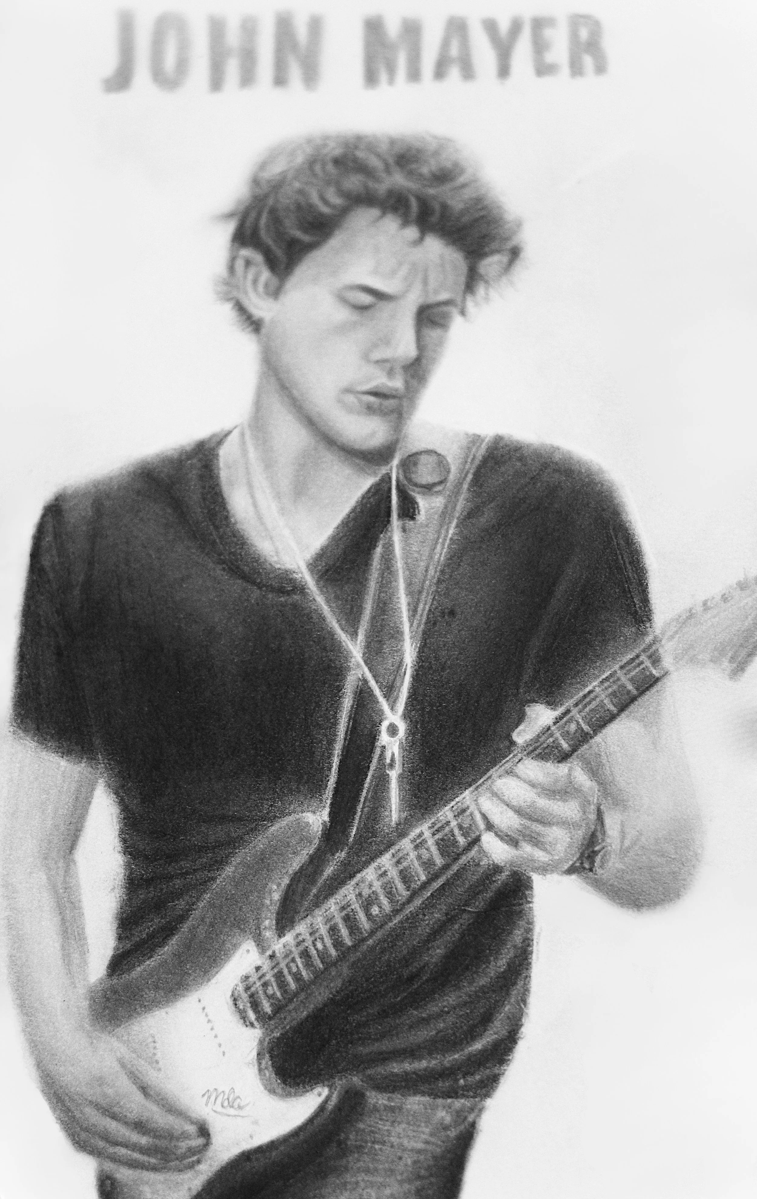 A detailed pencil sketch of a woman with short, wavy hair playing an electric guitar, wearing a black shirt and a necklace with a pendant. The background has the text 'JOHN MAYER' at the top.