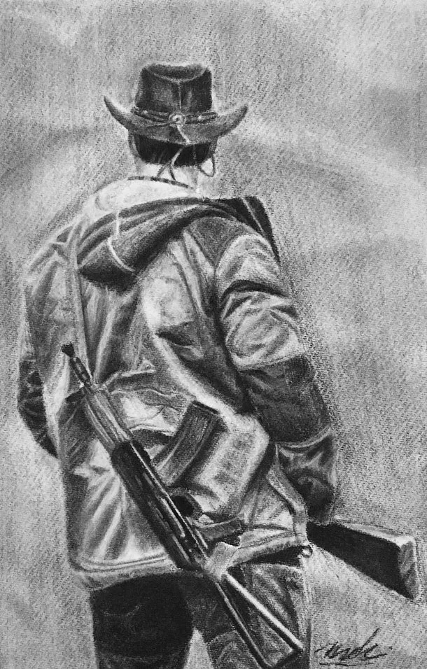A black and white drawing of a soldier seen from the back, carrying a rifle and a backpack, wearing a wide-brimmed hat and military clothing.