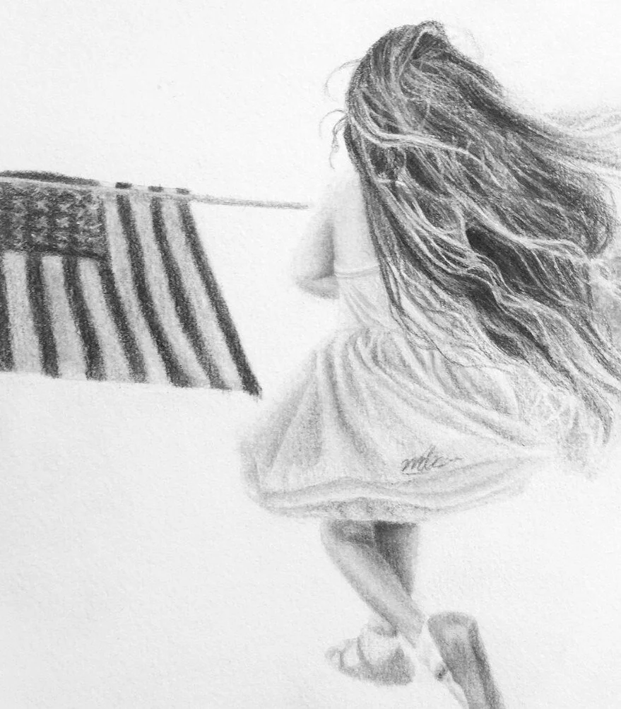 A pencil sketch of a girl with long, flowing hair standing next to an American flag, with her back turned to the viewer, wearing a dress and sandals.