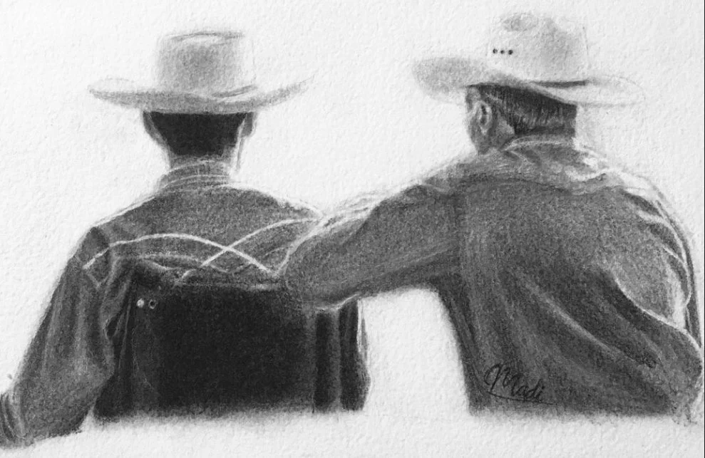 Black and white drawing of two men in cowboy hats sitting close together, viewed from behind, with one man's arm around the other's shoulder.
