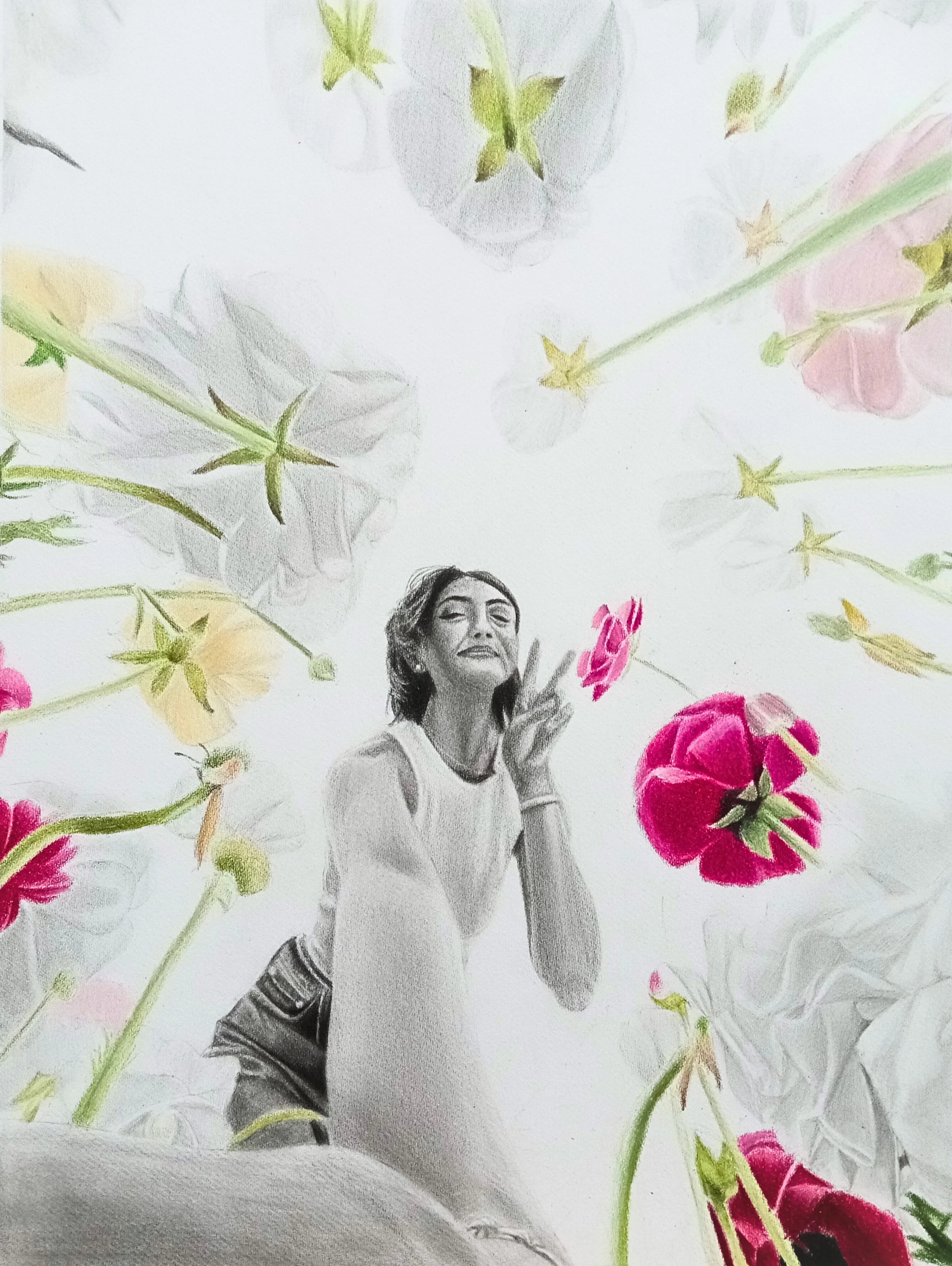 A woman making a gesture with her hand surrounded by colorful flowers and leaves, with some areas of the photo appearing as sketches or drawings.