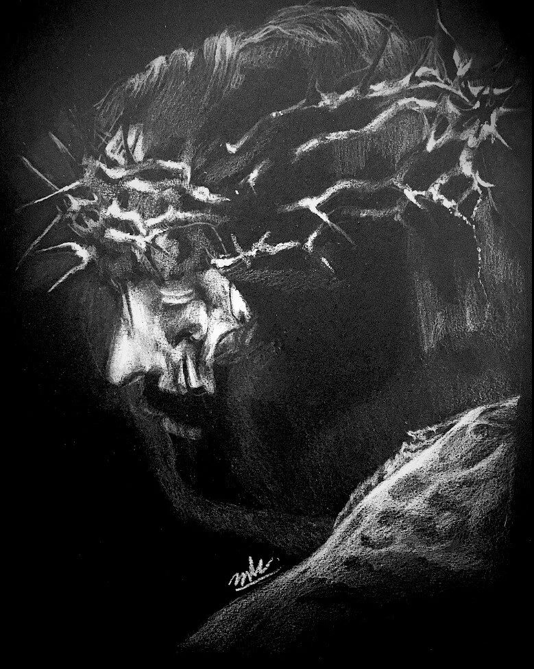 Black and white drawing of two people embracing, one wearing a crown of thorns on their head.