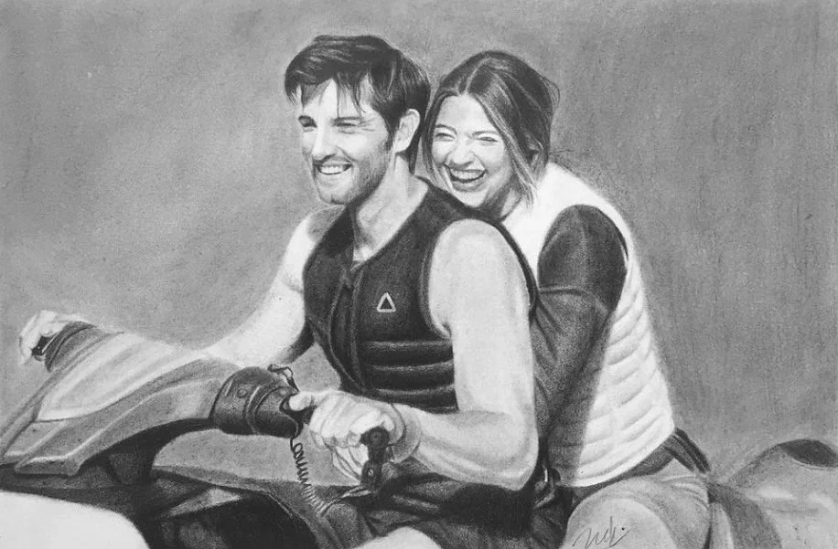 Black and white drawing of a smiling man and woman riding a motorcycle together.