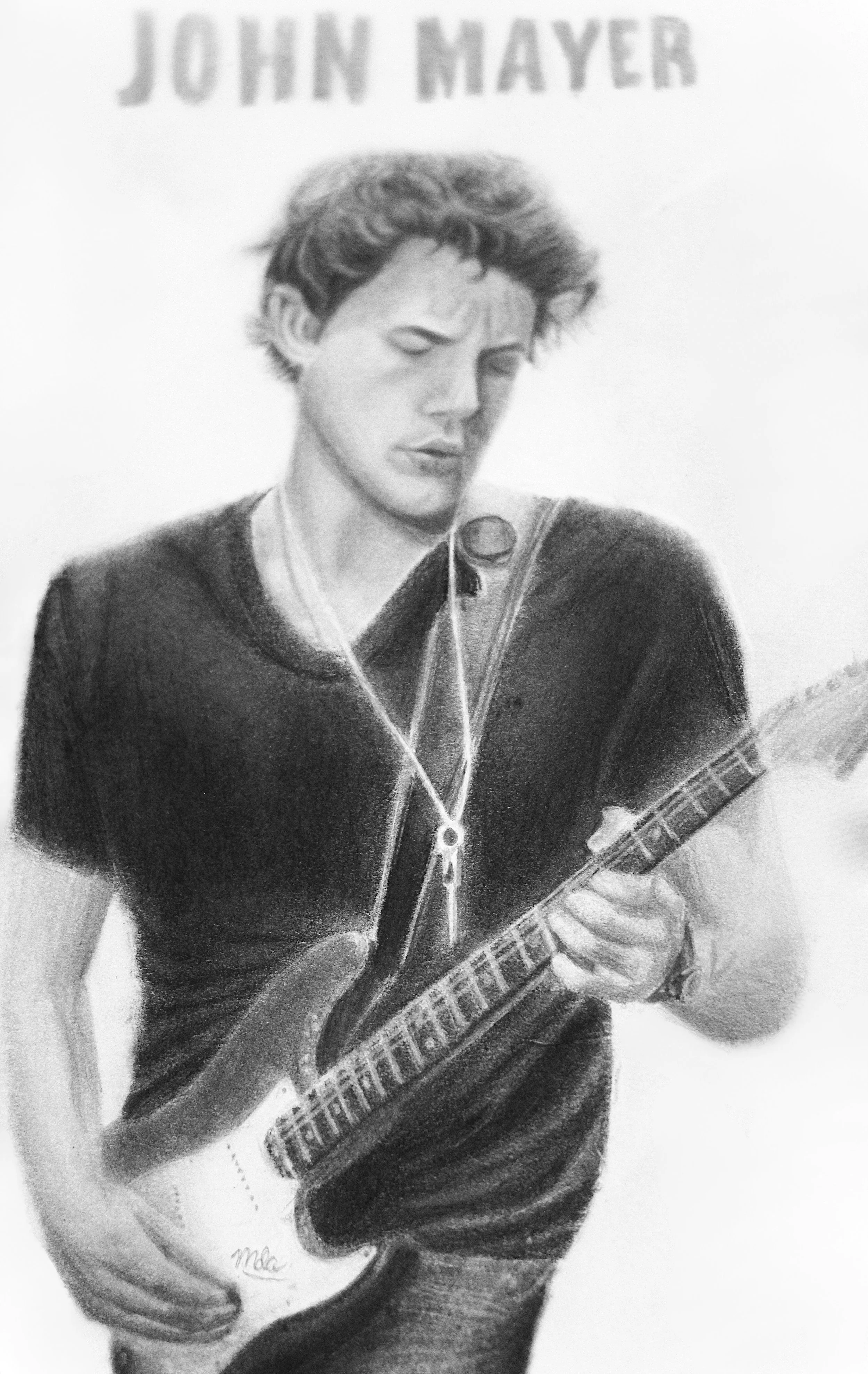 Pencil drawing of a woman with short, wavy hair, wearing a dark T-shirt, listening to headphones, and playing an electric guitar. The name 'John Mayer' is written at the top.