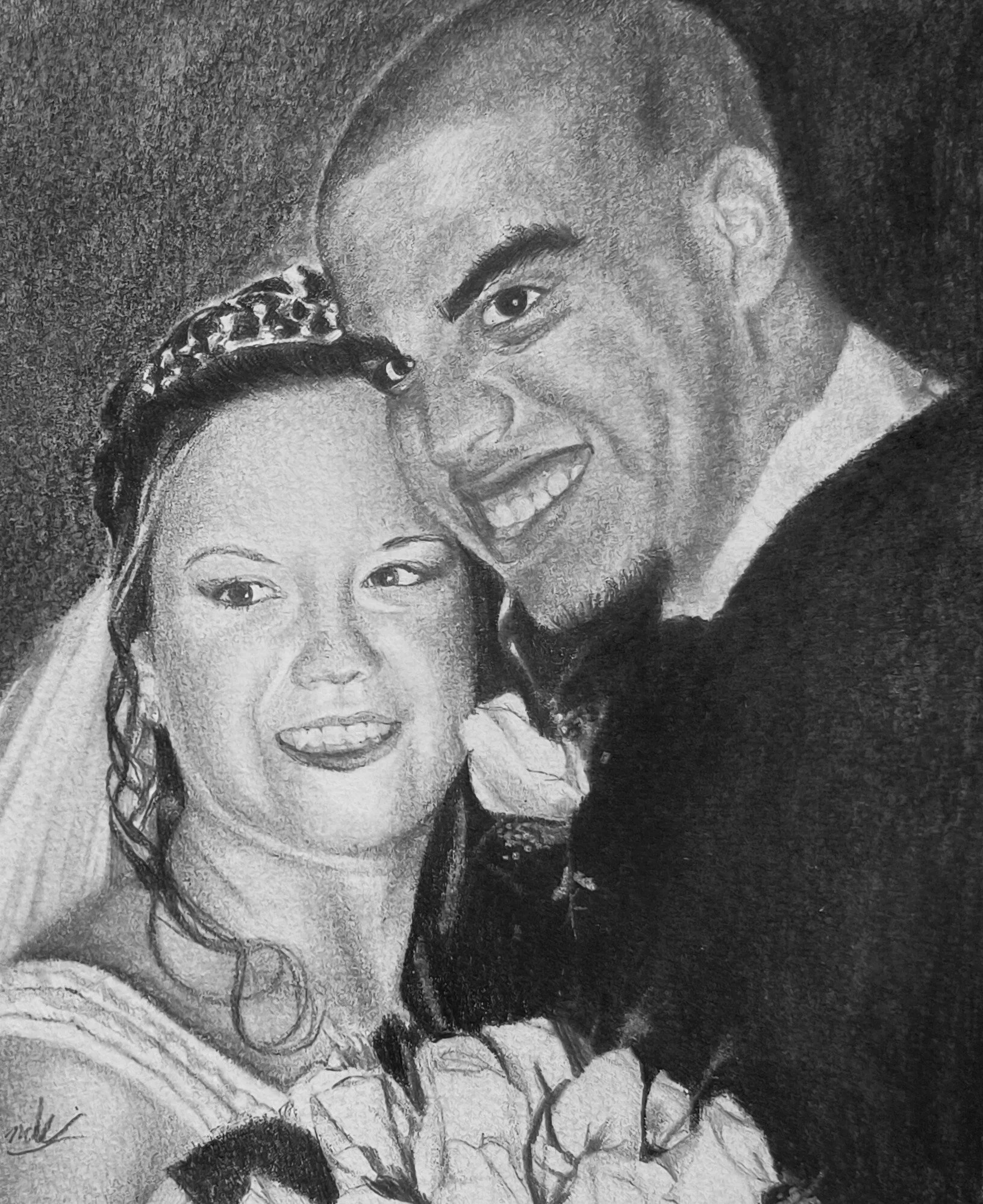 A pencil sketch of a bride and groom on their wedding day, smiling and close together.