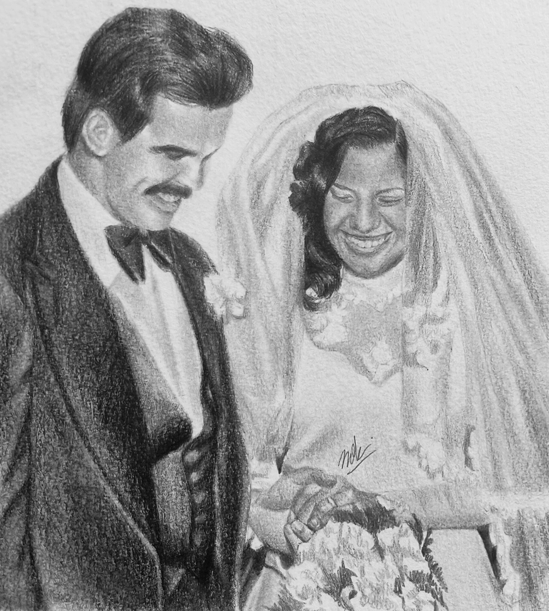 A detailed pencil sketch of a happy bride and groom holding hands on their wedding day, both smiling.