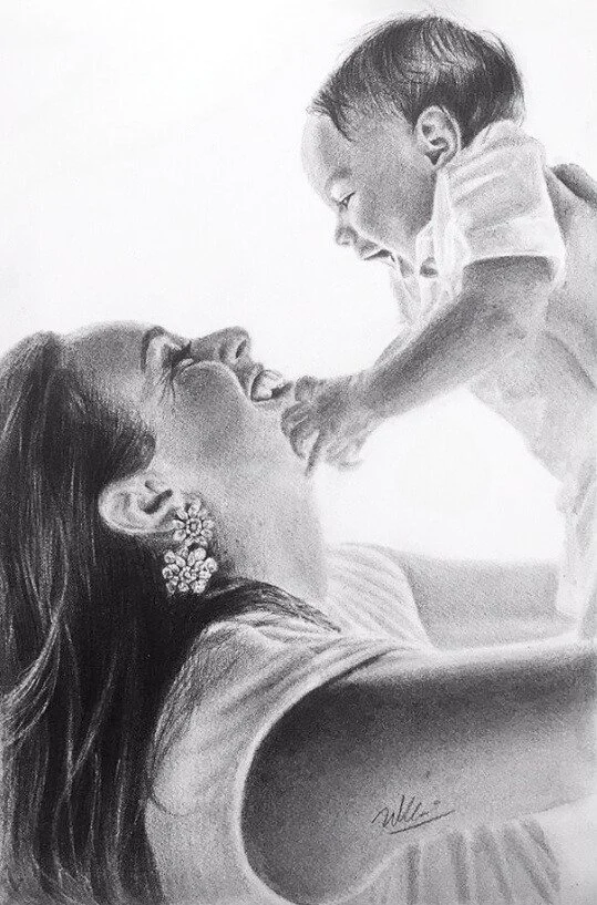 A black and white drawing of a woman lying down and smiling, holding a baby above her, who is reaching out to her with both hands.