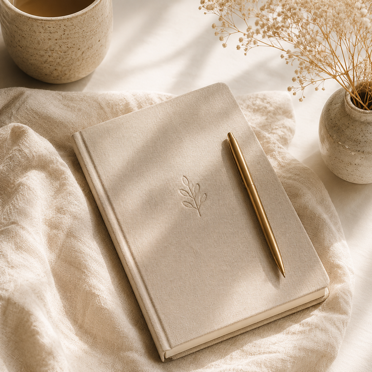 Neutral fabric journal with a gold pen beside coffee and flowers in soft light.