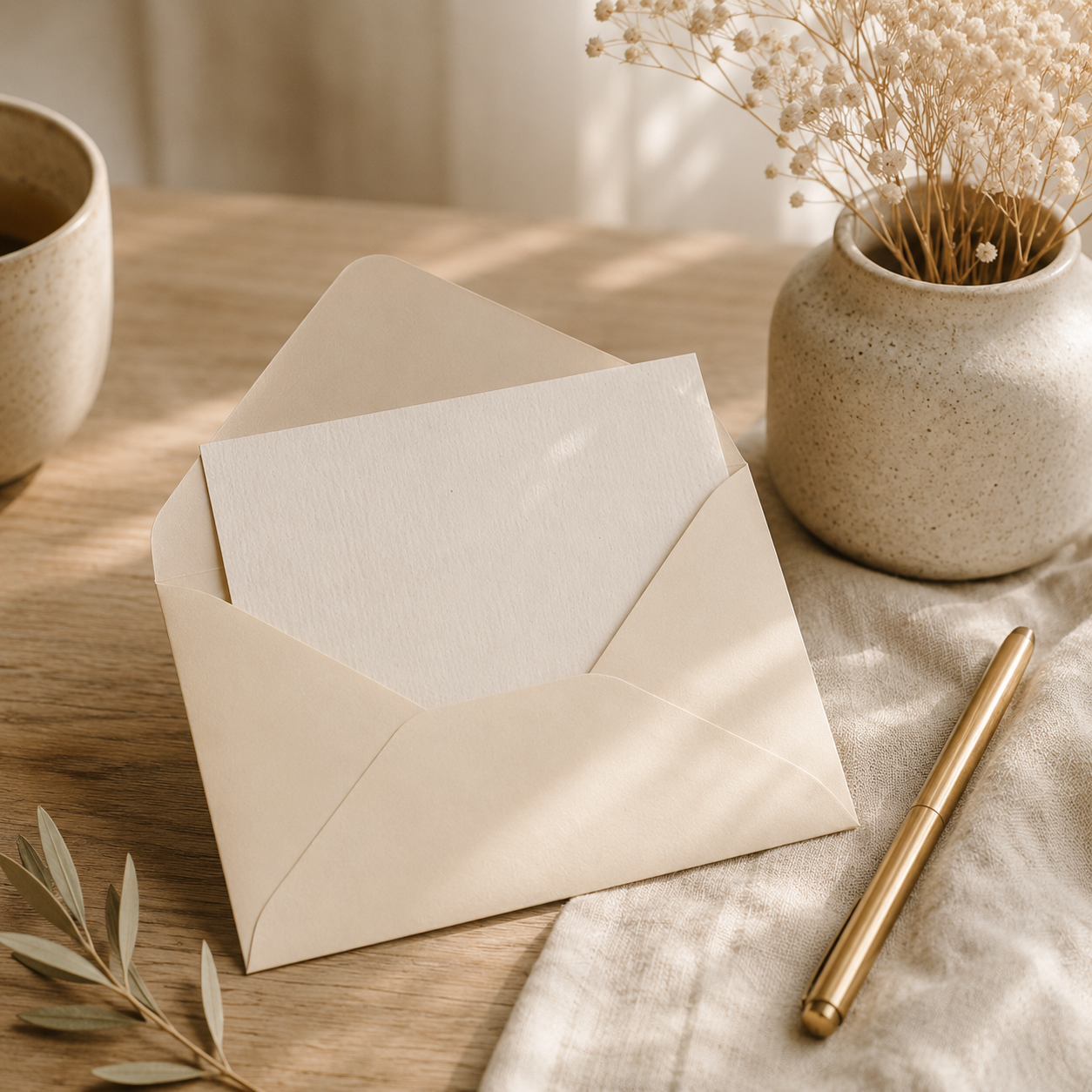 Cream envelope with a blank note, gold pen, coffee mug, and flowers on a wooden table.