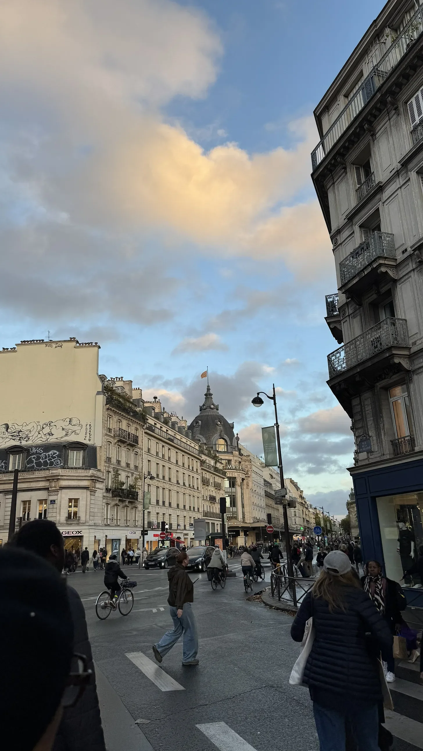 A Paris street lined with historic buildings and neighborhood cafés in the 15th arrondissement.