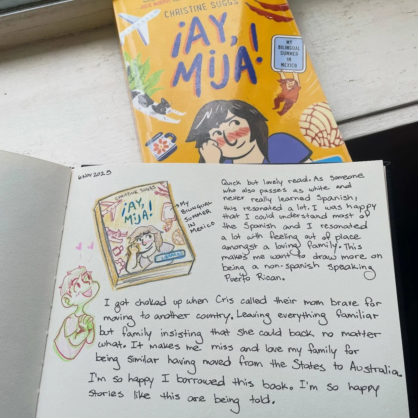 I recently read &iexcl;Ay, Mija! by @csuggsillustration and it was so lovely! Text on the illustration reads : &ldquo;Quick but lovely read. As someone who also passes as white and never really learned Spanish, this resonated a lot. I was happy that 