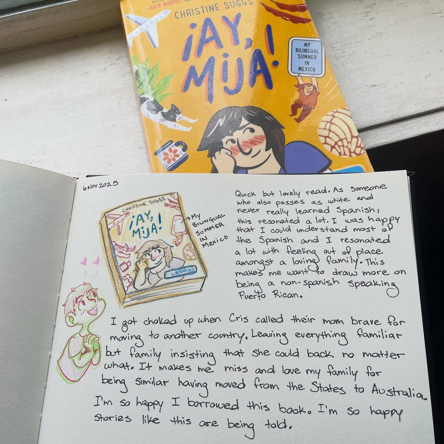 I recently read &iexcl;Ay, Mija! by @csuggsillustration and it was so lovely! Text on the illustration reads : &ldquo;Quick but lovely read. As someone who also passes as white and never really learned Spanish, this resonated a lot. I was happy that 