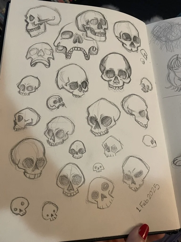 Sketchbook page of pencil human skull studies