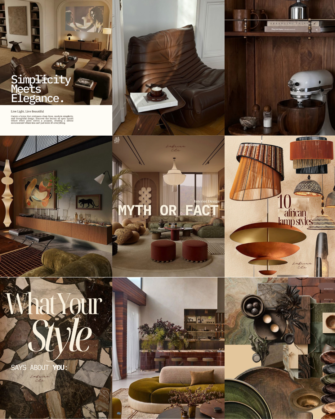Collage of interior design and home decor images, including living room sofas, lamps, shelves with decor, and close-ups of interior styles and elements.