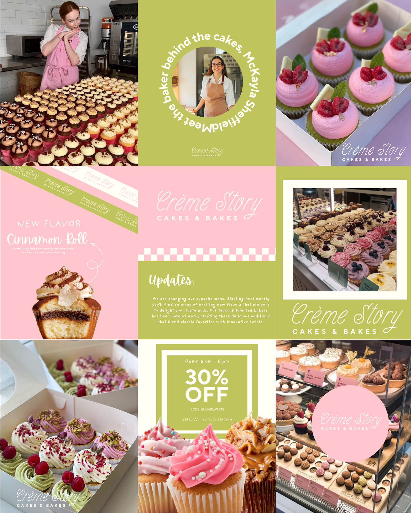 A collage of bakery items and promotional flyers for Crème Story Cakes & Bakes, featuring cupcakes and desserts in pink, white, and brown decorations, with some images showing a baker in a pink apron and a woman with glasses smiling.