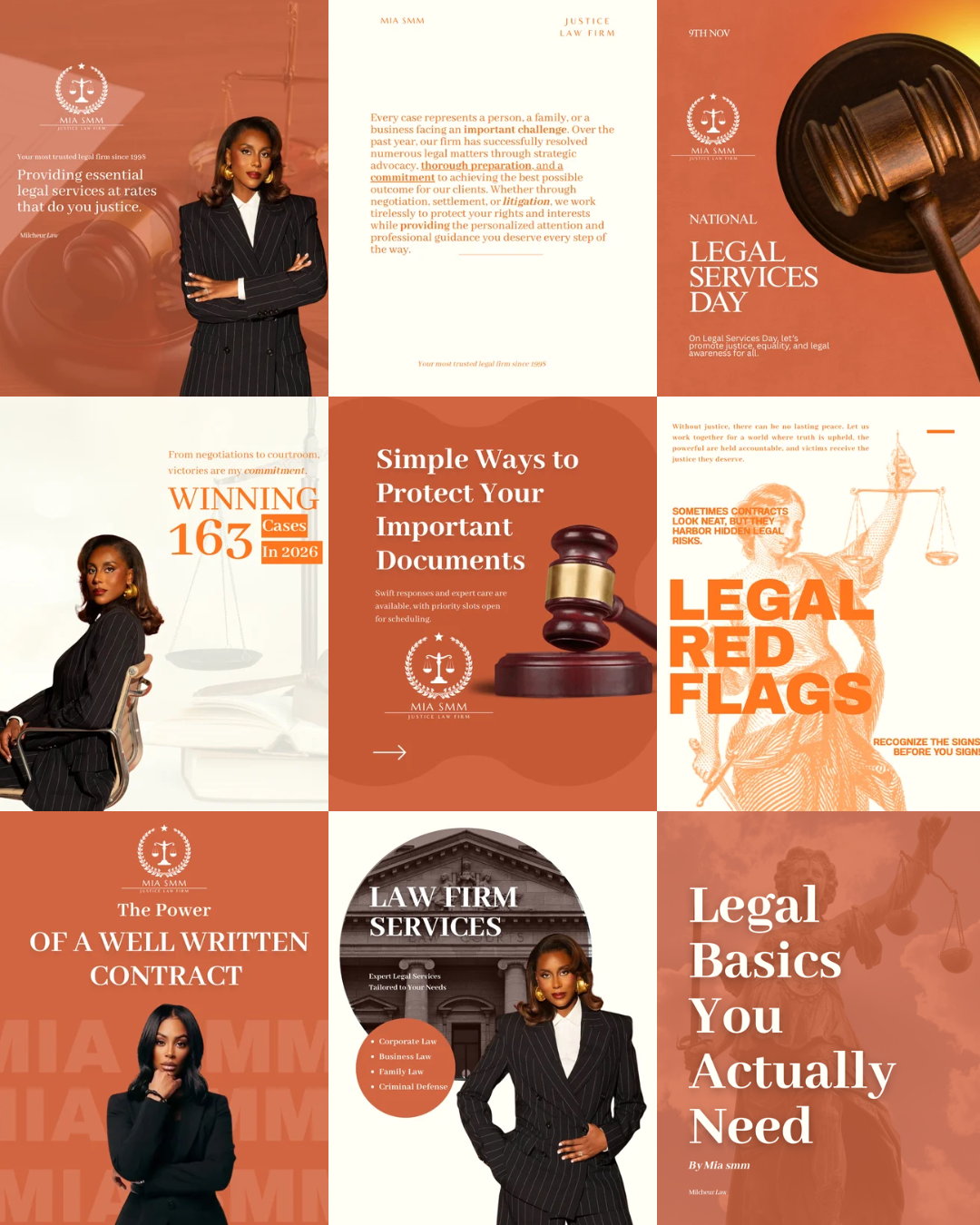 A collage of nine graphics promoting legal services and law firm branding, featuring images of women, legal symbols, and bold orange and white text about legal rights, documents, and contracts.