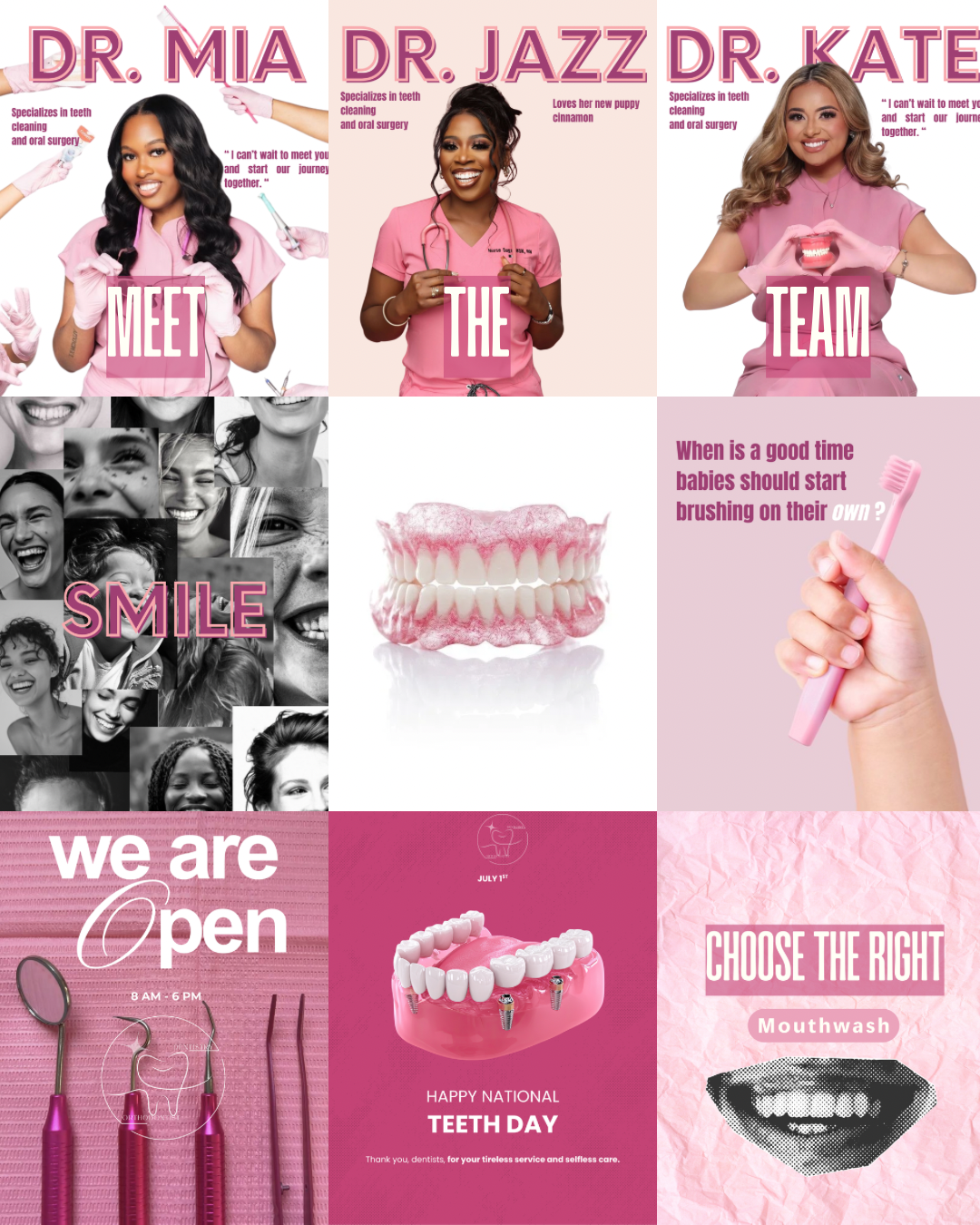 Collage of images promoting a dental practice team with three women in pink uniforms labeled Dr. Mia, Dr. Jazz, and Dr. Kate, smiling and holding dental tools, along with various dental and dental health-related images, including a set of dentures, a