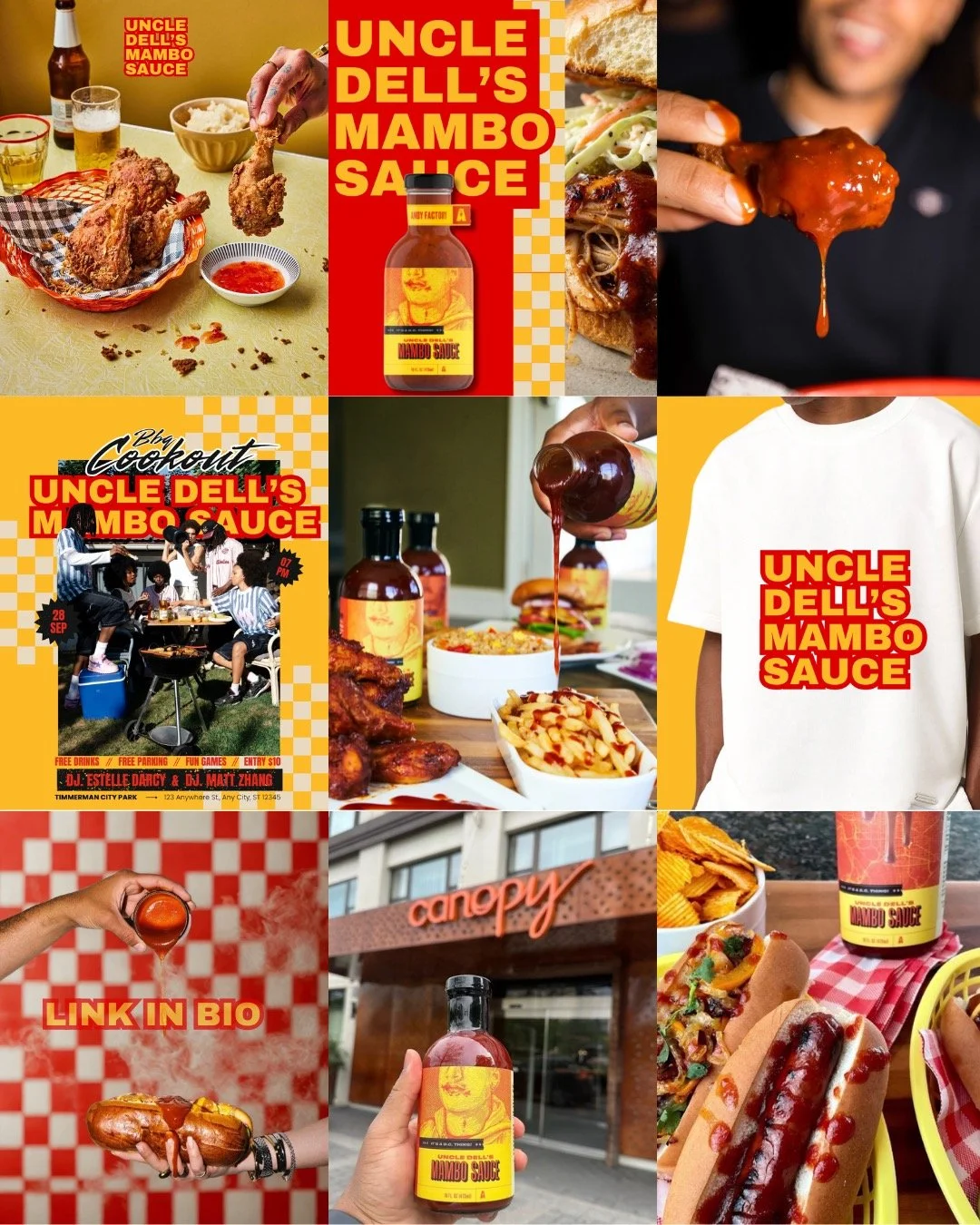 Collage of images featuring Uncle Dell's Mambo Sauce, fast food items like fried chicken, a burger, fries, hot dog, sandwiches, condiments, and promotional posters for a food event.